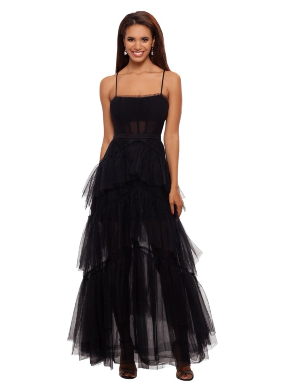 BETSY & ADAM Jasmine Black Tiered Tulle Ruffle Corset Gown Formal Prom Dress 6